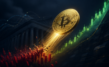 Goldene Bitcoin-Münze steigt über roten Kurskerzen vor einer grünen Aufwärtsbewegung und dem US-Finanzministerium auf.