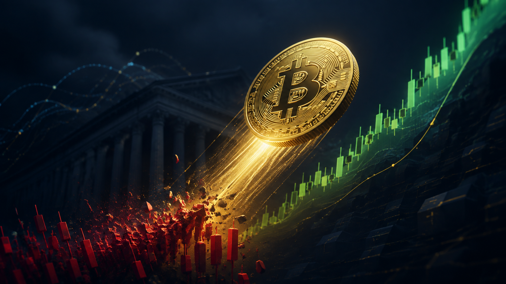 Goldene Bitcoin-Münze steigt über roten Kurskerzen vor einer grünen Aufwärtsbewegung und dem US-Finanzministerium auf.