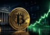 Goldene Bitcoin-Münze vor dem US-Finanzministerium und einem steil steigenden Kurschart