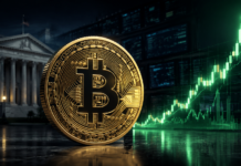 Goldene Bitcoin-Münze vor dem US-Finanzministerium und einem steil steigenden Kurschart
