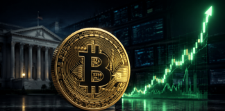 Goldene Bitcoin-Münze vor dem US-Finanzministerium und einem steil steigenden Kurschart