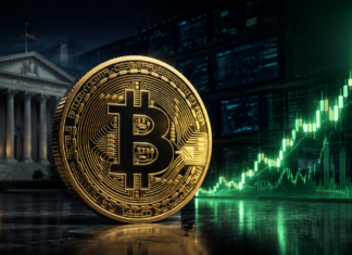 Goldene Bitcoin-Münze vor dem US-Finanzministerium und einem steil steigenden Kurschart
