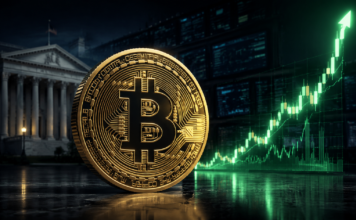 Goldene Bitcoin-Münze vor dem US-Finanzministerium und einem steil steigenden Kurschart