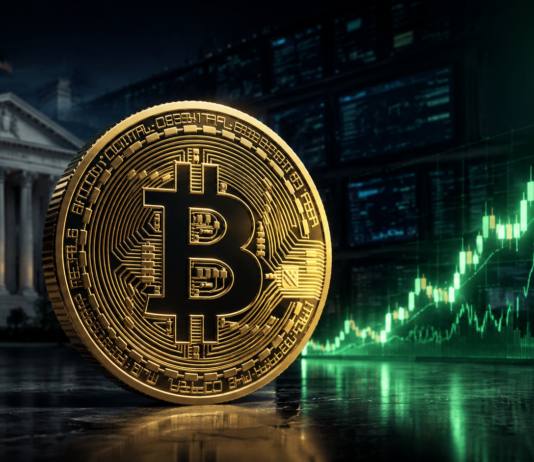 Goldene Bitcoin-Münze vor dem US-Finanzministerium und einem steil steigenden Kurschart