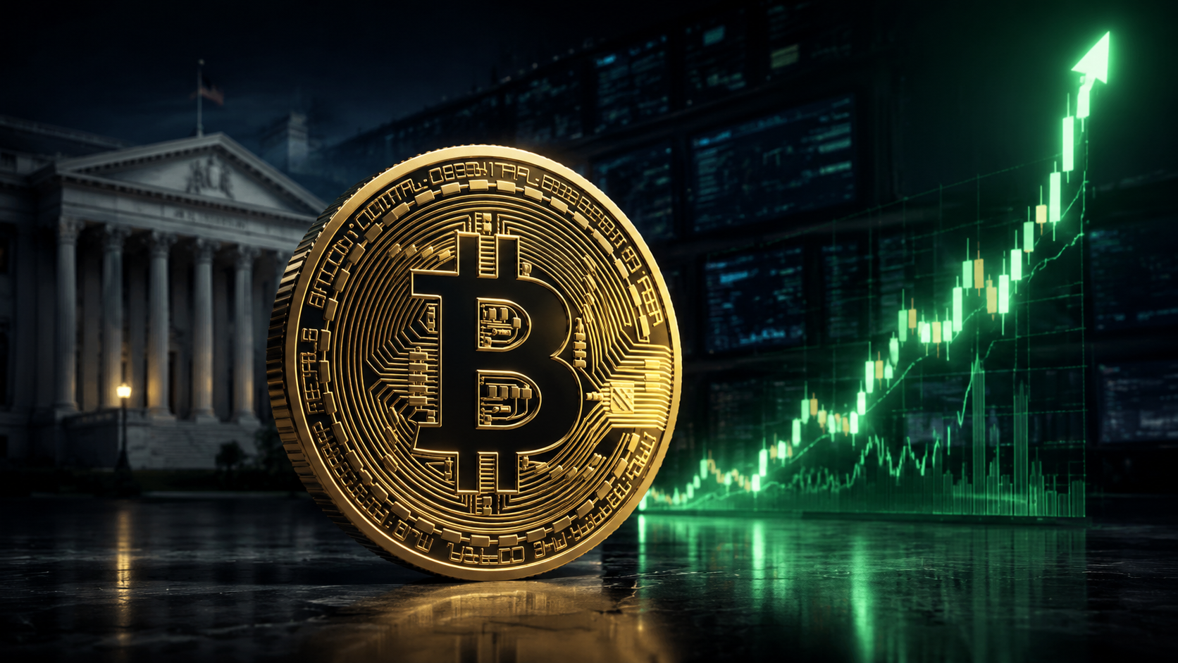 Goldene Bitcoin-Münze vor dem US-Finanzministerium und einem steil steigenden Kurschart