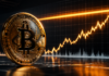 Bitcoin vor einer Kursgrafik mit einer technischen Widerstandszone