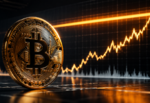 Bitcoin vor einer Kursgrafik mit einer technischen Widerstandszone