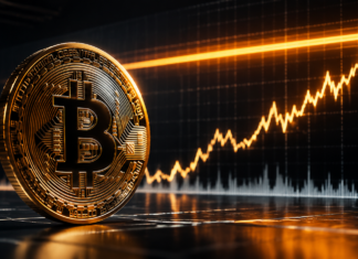 Bitcoin vor einer Kursgrafik mit einer technischen Widerstandszone