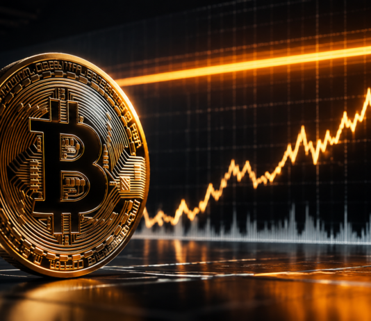 Bitcoin vor einer Kursgrafik mit einer technischen Widerstandszone