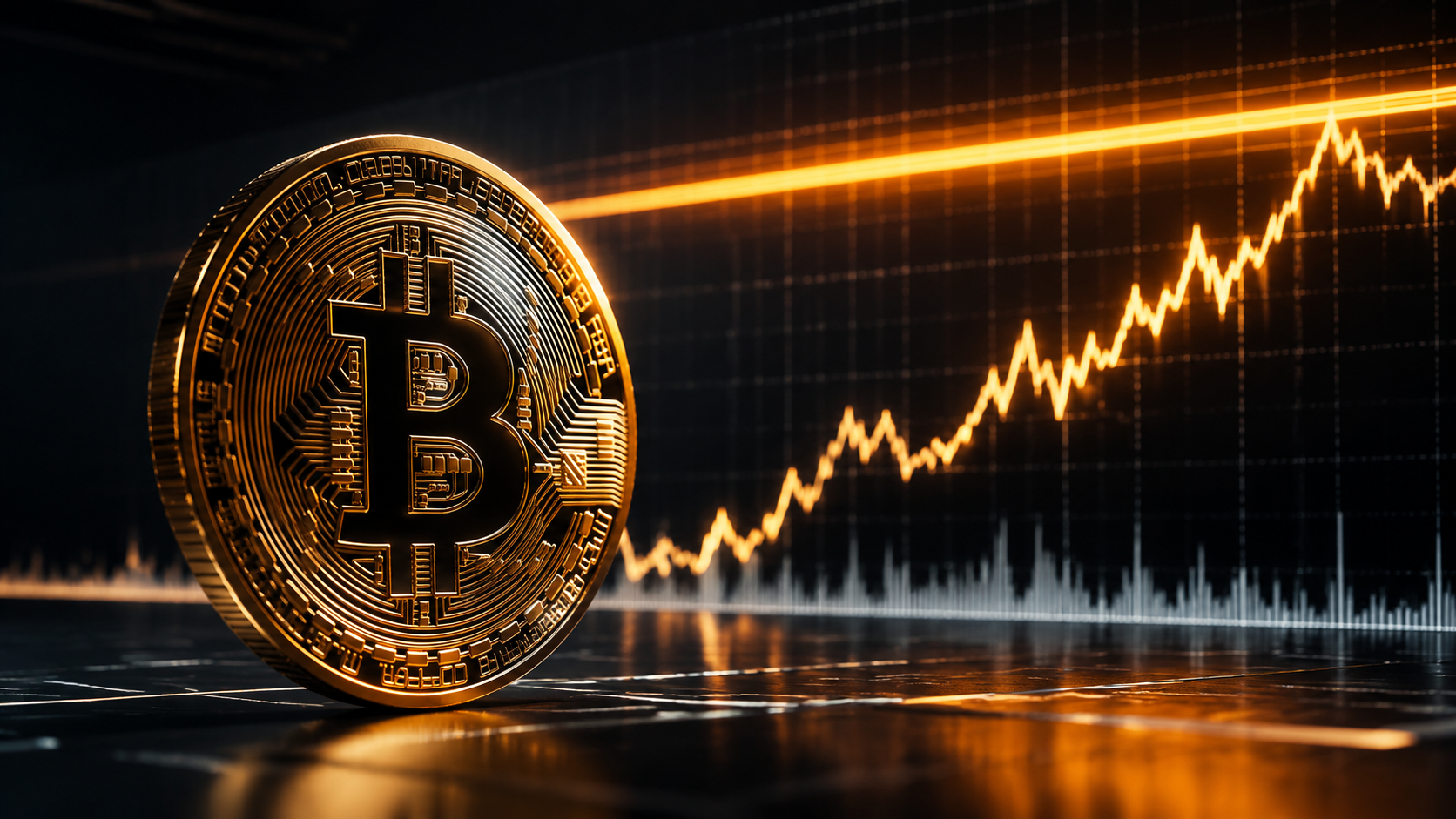 Bitcoin vor einer Kursgrafik mit einer technischen Widerstandszone