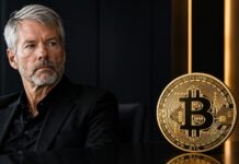 Saylor: Ich habe nie einen Bitcoin verkauft im Gegensatz zu Strategy Michael Saylor neben einer goldenen Bitcoin-Münze. Die Münze steht scharf im Vordergrund, während der Manager nachdenklich zur Seite blickt und den Kontrast zwischen persönlichem Bitcoin-Besitz und Unternehmensstrategie symbolisiert.