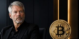 Saylor: Ich habe nie einen Bitcoin verkauft im Gegensatz zu Strategy Michael Saylor neben einer goldenen Bitcoin-Münze. Die Münze steht scharf im Vordergrund, während der Manager nachdenklich zur Seite blickt und den Kontrast zwischen persönlichem Bitcoin-Besitz und Unternehmensstrategie symbolisiert.