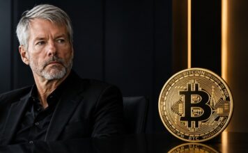 Michael Saylor neben einer goldenen Bitcoin-Münze. Die Münze steht scharf im Vordergrund, während der Manager nachdenklich zur Seite blickt und den Kontrast zwischen persönlichem Bitcoin-Besitz und Unternehmensstrategie symbolisiert.