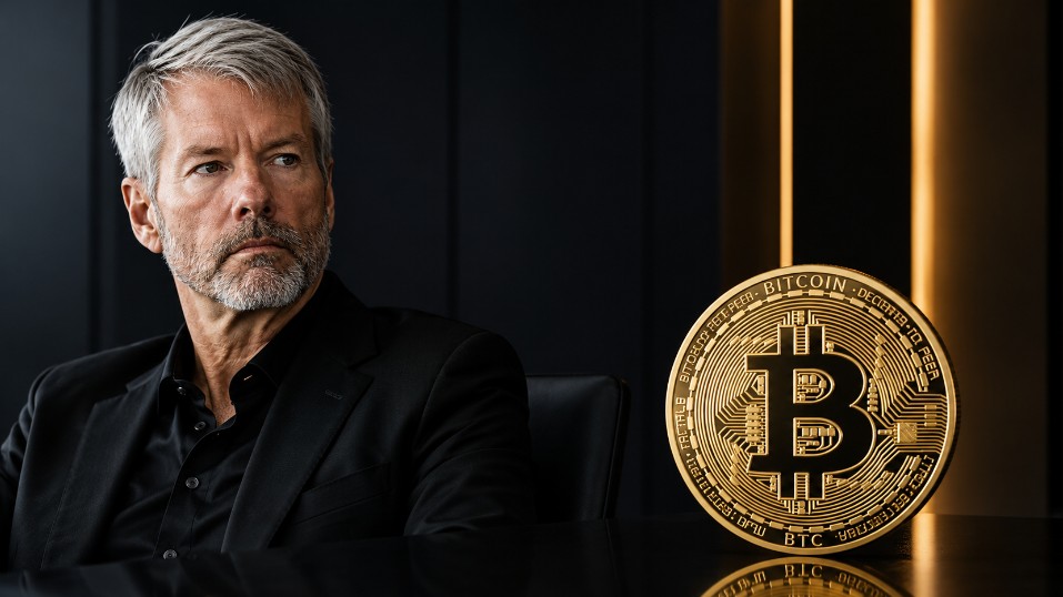 Michael Saylor neben einer goldenen Bitcoin-Münze. Die Münze steht scharf im Vordergrund, während der Manager nachdenklich zur Seite blickt und den Kontrast zwischen persönlichem Bitcoin-Besitz und Unternehmensstrategie symbolisiert.