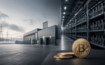 Bitcoin-Mining-Anlage mit Rechenzentrum, Strominfrastruktur und Bitcoin-Münzen