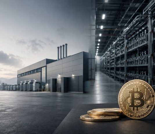Bitcoin-Mining-Anlage mit Rechenzentrum, Strominfrastruktur und Bitcoin-Münzen