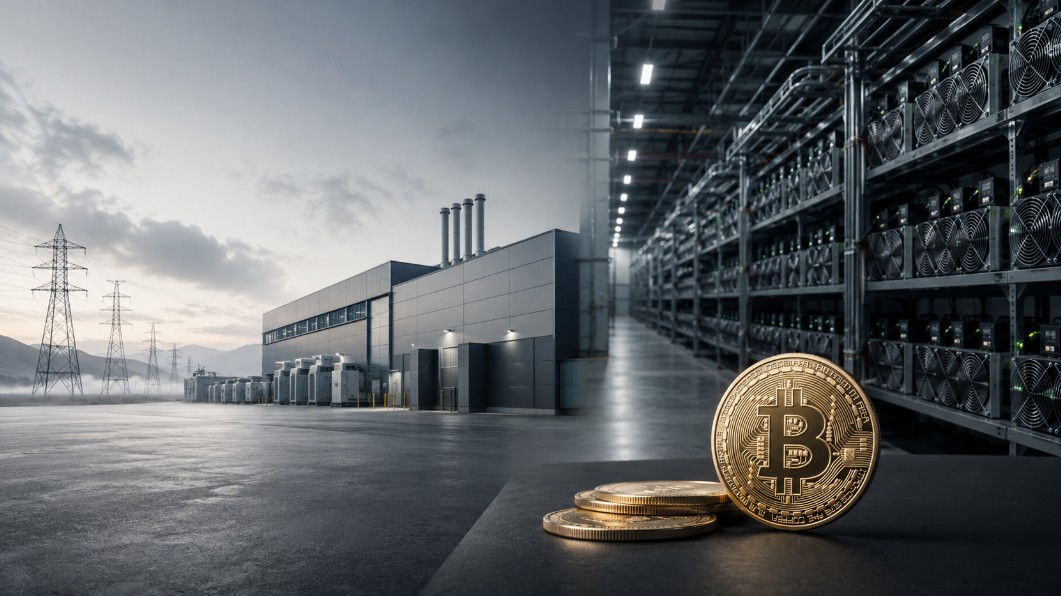Bitcoin-Mining-Anlage mit Rechenzentrum, Strominfrastruktur und Bitcoin-Münzen