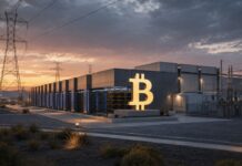 Bitcoin-Miner Riot Platforms mit Rechenzentrum und Bitcoin-Symbol in Texas