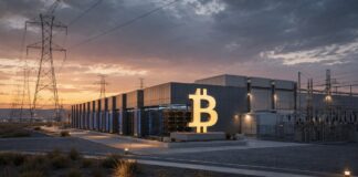 Bitcoin-Miner Riot schließt 9,1-Milliarden-Deal mit Anthropic Bitcoin-Miner Riot Platforms mit Rechenzentrum und Bitcoin-Symbol in Texas