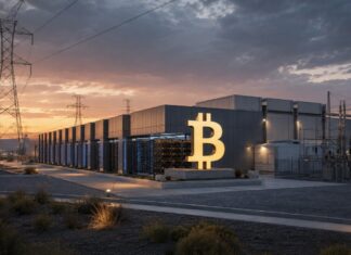 Bitcoin-Miner Riot schließt 9,1-Milliarden-Deal mit Anthropic Bitcoin-Miner Riot Platforms mit Rechenzentrum und Bitcoin-Symbol in Texas