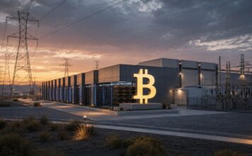 Bitcoin-Miner Riot schließt 9,1-Milliarden-Deal mit Anthropic Bitcoin-Miner Riot Platforms mit Rechenzentrum und Bitcoin-Symbol in Texas