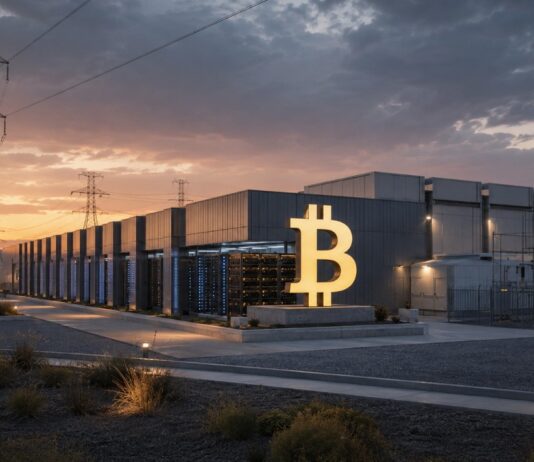 Bitcoin-Miner Riot Platforms mit Rechenzentrum und Bitcoin-Symbol in Texas