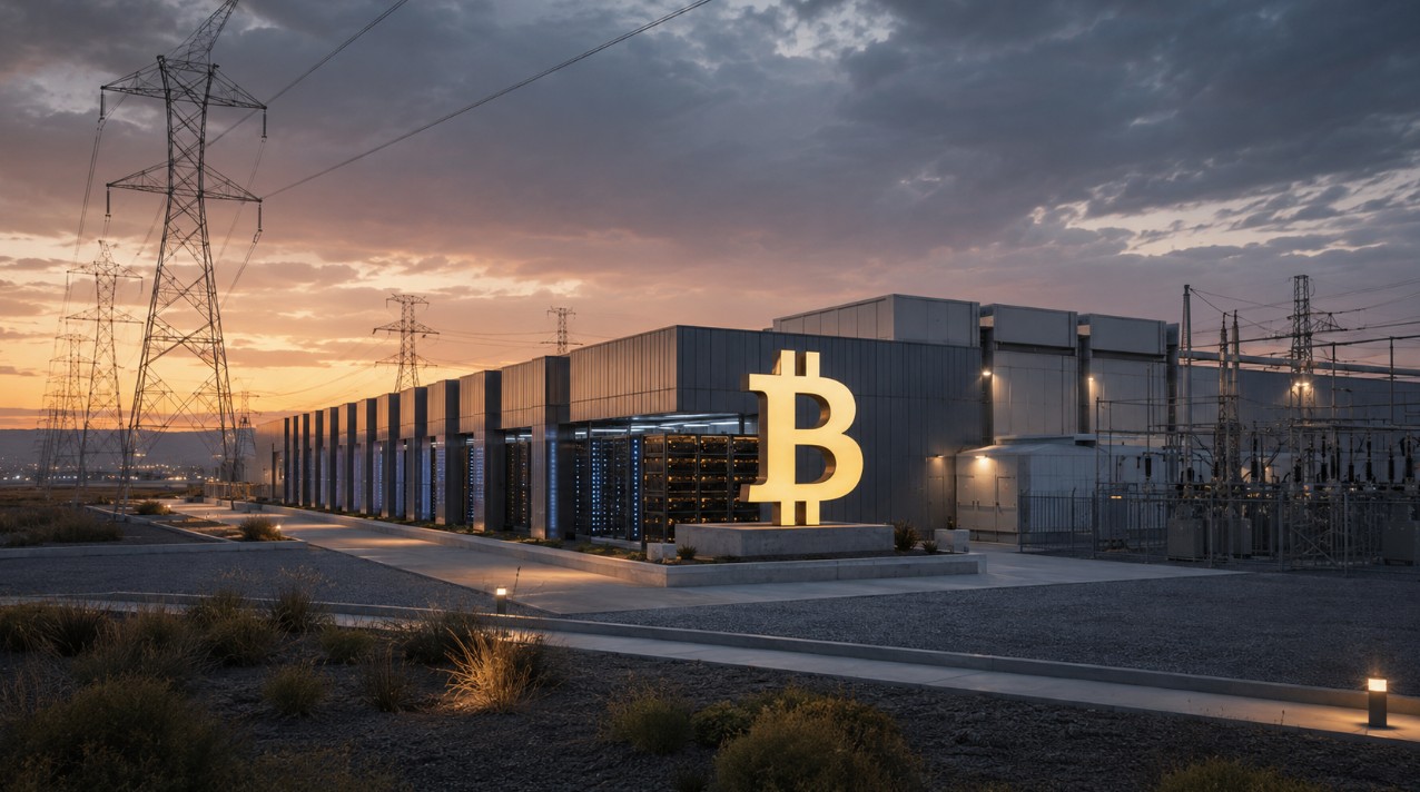 Bitcoin-Miner Riot Platforms mit Rechenzentrum und Bitcoin-Symbol in Texas