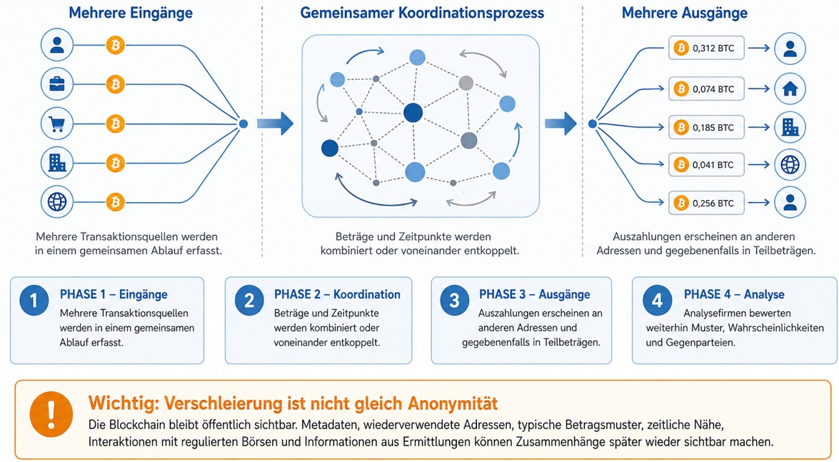 Infografik zur Funktionsweise eines Bitcoin Mixers mit mehreren Eingängen, Koordinationsprozess, mehreren Ausgängen und Hinweis, dass Verschleierung nicht gleich Anonymität ist.