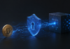 BREAKING: StarkWare führt erste quantenresistente Bitcoin-Transaktion aus Bitcoin-Münze hinter digitalem Schutzschild vor einem futuristischen Datenblock als Symbol für quantensichere Bitcoin-Transaktionen.