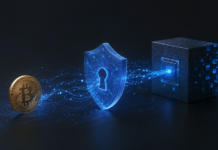 Bitcoin-Münze hinter digitalem Schutzschild vor einem futuristischen Datenblock als Symbol für quantensichere Bitcoin-Transaktionen.