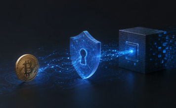 BREAKING: StarkWare führt erste quantenresistente Bitcoin-Transaktion aus Bitcoin-Münze hinter digitalem Schutzschild vor einem futuristischen Datenblock als Symbol für quantensichere Bitcoin-Transaktionen.