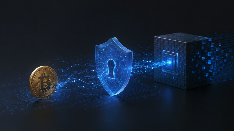Bitcoin-Münze hinter digitalem Schutzschild vor einem futuristischen Datenblock als Symbol für quantensichere Bitcoin-Transaktionen.