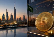Goldener Bitcoin vor moderner Golf-Skyline mit grüner Flagge und Finanzcharts.