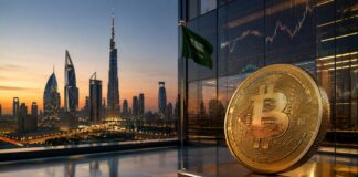 Abu Dhabis Staatsfonds halten Bitcoin-Positionen in Millionenhöhe Goldener Bitcoin vor moderner Golf-Skyline mit grüner Flagge und Finanzcharts.