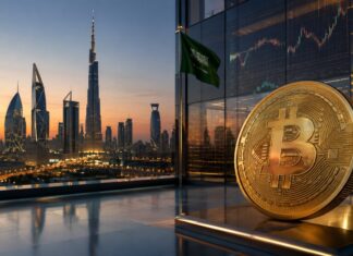 Goldener Bitcoin vor moderner Golf-Skyline mit grüner Flagge und Finanzcharts.