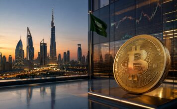 Abu Dhabis Staatsfonds halten Bitcoin-Positionen in Millionenhöhe Goldener Bitcoin vor moderner Golf-Skyline mit grüner Flagge und Finanzcharts.