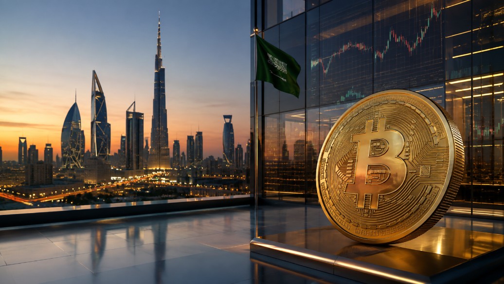 Goldener Bitcoin vor moderner Golf-Skyline mit grüner Flagge und Finanzcharts.