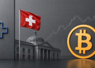 Schweizer Nationalbank, Schweizer Flagge und Bitcoin-Symbol vor einem steigenden Finanzchart.