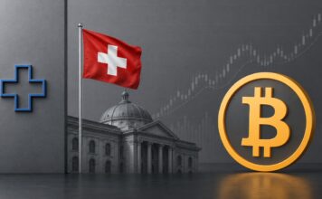 Wettet die Schweizer Nationalbank auf einen steigenden Bitcoin-Kurs? Bericht Schweizer Nationalbank, Schweizer Flagge und Bitcoin-Symbol vor einem steigenden Finanzchart.