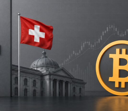 Schweizer Nationalbank, Schweizer Flagge und Bitcoin-Symbol vor einem steigenden Finanzchart.