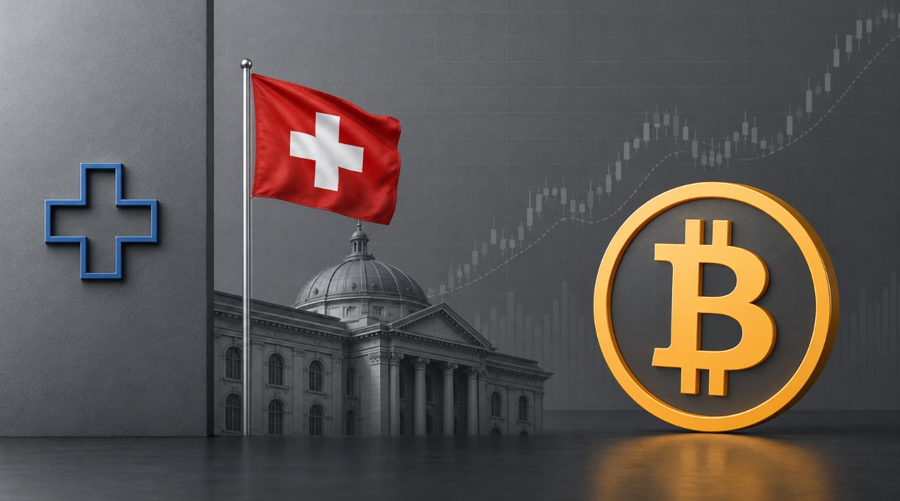 Schweizer Nationalbank, Schweizer Flagge und Bitcoin-Symbol vor einem steigenden Finanzchart.
