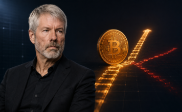 Strategy-Chairman Michael Saylor neben einer Bitcoin-Münze und einer sich teilenden Blockchain