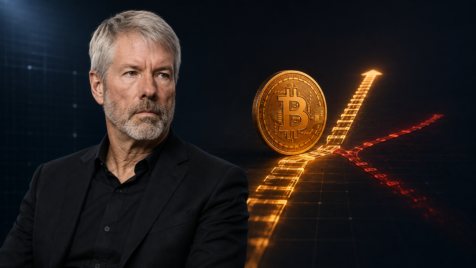 Strategy-Chairman Michael Saylor neben einer Bitcoin-Münze und einer sich teilenden Blockchain
