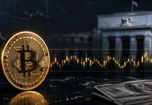 Goldene Bitcoin-Münze vor einem unscharfen Zentralbankgebäude mit Seitwärts-Chart und US-Dollar-Scheinen