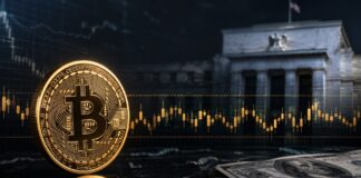 Goldene Bitcoin-Münze vor einem unscharfen Zentralbankgebäude mit Seitwärts-Chart und US-Dollar-Scheinen
