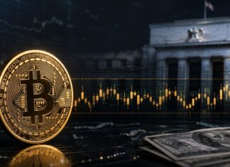 Goldene Bitcoin-Münze vor einem unscharfen Zentralbankgebäude mit Seitwärts-Chart und US-Dollar-Scheinen