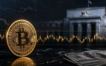 Goldene Bitcoin-Münze vor einem unscharfen Zentralbankgebäude mit Seitwärts-Chart und US-Dollar-Scheinen