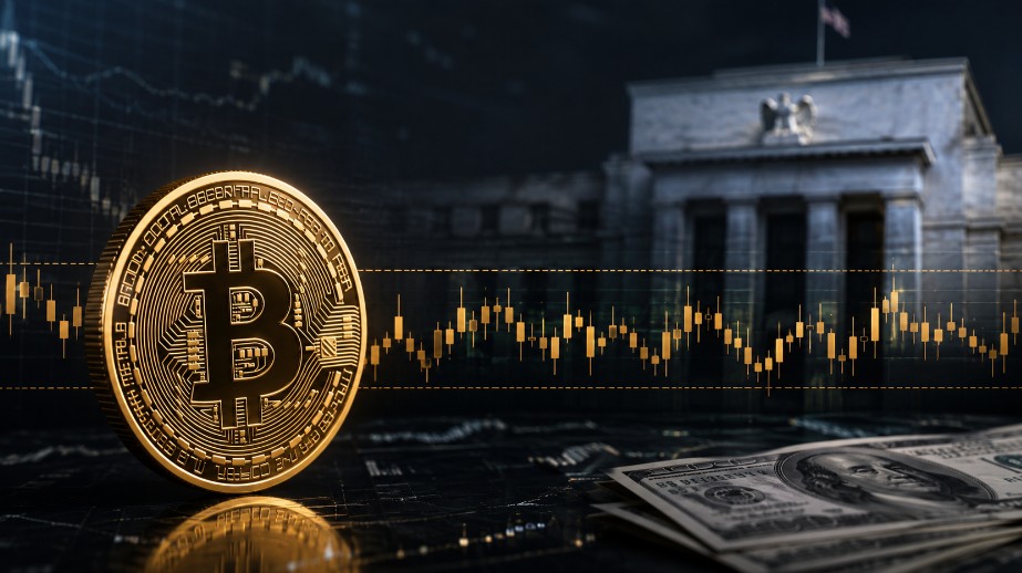 Goldene Bitcoin-Münze vor einem unscharfen Zentralbankgebäude mit Seitwärts-Chart und US-Dollar-Scheinen