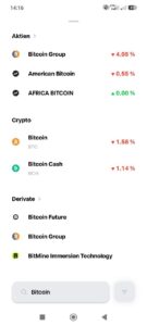 Trade Republic Suchergebnisse für „Bitcoin“ mit Bitcoin-Aktie, Kryptowährungen und Derivaten.
