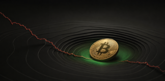 Goldene Bitcoin-Münze in einer grünen Akkumulationszone vor einer fallenden roten Kurslinie